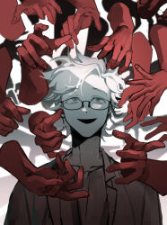 Rule 34 | 1boy, absurdres, collarbone, commentary, disembodied hand, glasses, highres, jacket, kanou aogu, looking up, male focus, open clothes, open jacket, open mouth, partially colored, portrait, saibou shinkyoku, sanglom, shirt, short hair, smile, solo focus, symbol-only commentary