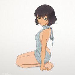 Rule 34 | 10s, 1girl, ass, back, backless dress, backless outfit, bad id, bad pixiv id, bare back, bare shoulders, barefoot, black hair, blush, breasts, butt crack, chimaki (u9works), dark-skinned female, dark skin, dress, full body, girls und panzer, green eyes, halterneck, hoshino (girls und panzer), large breasts, looking at viewer, meme attire, naked sweater, ribbed sweater, seiza, sideboob, sitting, smile, solo, sweater, sweater dress, tan, tanline, turtleneck, turtleneck sweater, virgin killer sweater