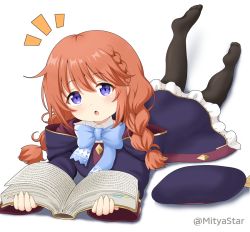 Rule 34 | 1girl, beret, black pantyhose, blue bow, blue eyes, blush, book, bow, braid, brown hair, collared shirt, commentary request, dress, frilled dress, frills, full body, hair between eyes, hat, holding, holding book, hood, hooded coat, long sleeves, lying, mitya, no shoes, notice lines, on stomach, open book, pantyhose, parted lips, princess connect!, purple dress, purple hat, shadow, shirt, sleeves past wrists, soles, solo, twin braids, twitter username, unworn hat, unworn headwear, white background, white shirt, wide sleeves, yuni (princess connect!)