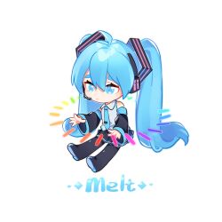 Rule 34 | 1girl, antenna hair, arin (fanfan013), black footwear, black skirt, black sleeves, blue eyes, blue hair, blue necktie, boots, chinese commentary, closed mouth, collared shirt, commentary request, detached sleeves, floating, full body, grey shirt, hair ornament, hands up, hatsune miku, headset, highres, long hair, melt (vocaloid), necktie, open hands, outstretched arms, outstretched legs, piano keys, pleated skirt, rainbow order, shirt, skirt, sleeveless, sleeveless shirt, smile, solo, song name, thick eyebrows, thigh boots, tie clip, transparent background, twintails, very long hair, vocaloid
