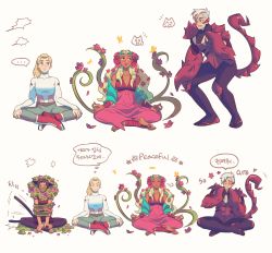 Rule 34 | ..., 4girls, adora (she-ra), animal ears, arthropod girl, blonde hair, blue sclera, blush, brown hair, cat ears, cat tail, catra, claws, colored sclera, flower, hair flower, hair ornament, highres, long hair, meditation, medium hair, mismatched sclera, mixed-language text, mondaykilly, multiple girls, perfuma (she-ra), restrained, scorpia, scorpion girl, scorpion tail, she-ra and the princesses of power, spoken ellipsis, tail, tail wagging, thought bubble, translation request, yellow sclera