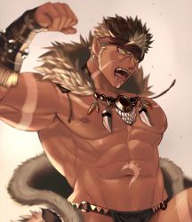 Rule 34 | 1boy, abs, arm tattoo, bara, bare pectorals, bracer, brown hair, dark-skinned male, dark skin, facial hair, fighting stance, fur-trimmed collar, fur trim, headband, highres, jewelry, large pectorals, long sideburns, male focus, muscular, navel, necklace, nipples, pectorals, pointy ears, short hair, sideburns, solo, spiked hair, stomach tattoo, suzuoni, tangaroa (housamo), tattoo, tokyo houkago summoners, tooth necklace, white hair, yellow eyes
