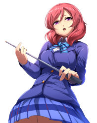 Rule 34 | 10s, 1girl, blazer, bowtie, breasts, from below, highres, jacket, looking at viewer, love live!, love live! school idol project, magukappu, nishikino maki, open mouth, pointer, purple eyes, red hair, school uniform, short hair, skirt, solo, striped bow, striped bowtie, striped clothes, white background