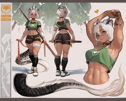 Rule 34 | 1girl, abs, animal ears, arm tattoo, armpits, artist name, ass, bandages, breasts, character name, choker, commentary, dark-skinned female, dark skin, dragon girl, dragon horns, dragon tail, english commentary, grey hair, hair between eyes, heart, highres, horns, indie virtual youtuber, looking at viewer, mature female, medium breasts, mole, mole under eye, navel, parted lips, sansin jin, scar, second-party source, shoes, short hair, shorts, smile, sneakers, standing, tail, tattoo, teeth, tiger ears, toxxy, virtual youtuber, watermark