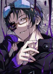 Rule 34 | 1boy, absurdres, black hair, corruption, dark persona, glasses, glitch, gnosia, goggles, green hair, heterochromia, highres, jacket, jewelry, long sleeves, male focus, multicolored hair, necklace, sha-ming, shirt, short hair, smile, solo, tuze111, upper body