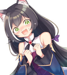 Rule 34 | 1girl, :d, absurdly long hair, animal ear fluff, animal ears, bad id, bad pixiv id, black hair, blush, cat ears, clenched hands, commentary request, detached sleeves, embarrassed, fang, green eyes, hair between eyes, highres, karyl (princess connect!), long hair, looking at viewer, low twintails, multicolored hair, open mouth, princess connect!, shishamo (syamo shi), sidelocks, simple background, sleeveless, smile, solo, streaked hair, sweatdrop, twintails, two-tone hair, v arms, very long hair, white background, wide sleeves