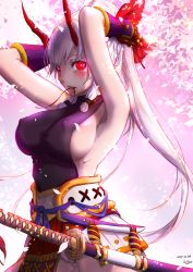 Rule 34 | 1girl, areola slip, armpits, bare shoulders, breasts, cherry blossoms, commentary, contrapposto, covered erect nipples, cowboy shot, dated, english commentary, fate/grand order, fate (series), gloves, highres, horns, katana, large breasts, long hair, looking at viewer, mouth hold, panties, ponytail, red eyes, sideboob, signature, solo, sword, tomoe gozen (fate), tying hair, underwear, weapon, white hair, white panties, yoruhasu gekkei
