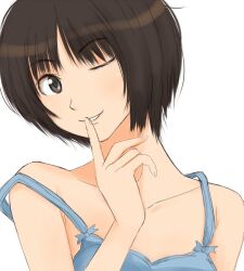 Rule 34 | 1girl, amagami, bare shoulders, blue camisole, breasts, brown eyes, brown hair, camisole, close-up, collarbone, commentary, finger to mouth, hair strand, head tilt, index finger raised, looking at viewer, messy hair, one eye closed, parted lips, portrait, short hair, shushing, simple background, small breasts, smile, solo, strap slip, tachibana miya, takemi kaoru, white background