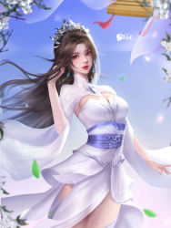 Rule 34 | 1girl, absurdres, blue sky, branch, brown hair, closed mouth, dress, earrings, facial mark, falling leaves, flower, forehead mark, hand in own hair, highres, jewelry, leaf, liang zi (n/a), long hair, looking at viewer, lu xueqi (zhu xian), sash, see-through, see-through sleeves, sky, solo, thighhighs, tiara, white dress, windowsill, zhu xian