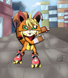 Rule 34 | bandages, blonde hair, digimon, digimon (creature), green eyes, highres, open mouth, shoeshoemon, short hair, solo