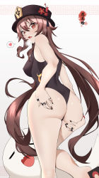 Rule 34 | 1girl, absurdres, artist request, ass, ass grab, bare shoulders, black nails, blush, breasts, brown hair, deep skin, fang, from behind, from below, genshin impact, ghost, hat, highres, hu tao, huge ass, leotard, long hair, looking back, looking down, nail polish, open mouth, red eyes, shiny, shiny hair, shiny skin, sideboob, solo focus, tears, thong leotard, twintails, very long hair