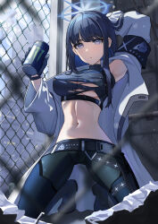 Rule 34 | 1girl, arm behind head, arm up, armband, armpits, bare shoulders, belt, black belt, black gloves, black hair, black pants, black shirt, blue archive, blue eyes, boots, breasts, buckle, can, chain-link fence, chest harness, cleavage, closed mouth, coat, commentary, crop top, cross-laced footwear, fence, full body, gloves, halo, harness, highres, holding, holding can, holster, kneeling, knife sheath, lace-up boots, large breasts, long hair, looking at viewer, medium breasts, midriff, monster energy, navel, no mask, pants, saori (blue archive), sheath, shirt, sleeveless, sleeveless shirt, snap-fit buckle, solo, talo (63078778), thigh holster, torn clothes, torn shirt, underbust, white coat