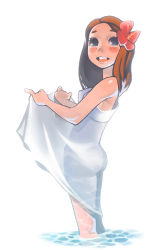 Rule 34 | 1girl, bad id, bad pixiv id, blush, brown hair, chigozo, clothes lift, dress, dress lift, flone robinson, flower, freckles, hair flower, hair ornament, nippon animation, pinky out, see-through, simple background, solo, swiss family robinson, water, white dress, world masterpiece theater