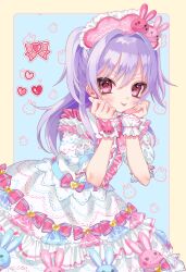 Rule 34 | 1girl, absurdres, animal print, blue background, blush, border, bow, center frills, closed mouth, commentary request, cowboy shot, dress, frilled dress, frills, hands on own cheeks, hands on own face, hands up, heart, highres, leaning forward, lolita fashion, long hair, looking at viewer, original, pink bow, pretty series, pripara, puffy short sleeves, puffy sleeves, purple hair, rabbit print, red eyes, short sleeves, smile, solo, standing, sweet lolita, tongue, tongue out, white dress, wrist cuffs, yellow border, yuiitsu
