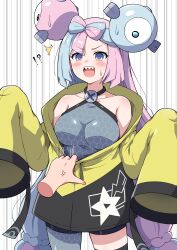 Rule 34 | !?, 1girl, ^^^, absurdres, anger vein, aqua hair, bike shorts, blush, bow-shaped hair, breasts, character hair ornament, clothes pull, collarbone, commentary request, creatures (company), disembodied hand, eggman (pixiv28975023), eyelashes, game freak, grey shirt, hair ornament, highres, iono (pokemon), jacket, jacket pull, long hair, medium breasts, nintendo, open mouth, pink hair, pokemon, pokemon sv, pulling another&#039;s clothes, purple eyes, shirt, single leg pantyhose, sleeveless, sleeveless shirt, surprised, sweat, teeth, twintails, upper teeth only, yellow jacket