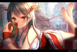 Rule 34 | 1girl, arm support, ass, bad id, bad pixiv id, bare shoulders, barefoot, bikini, box, breasts, brown eyes, brown hair, christmas tree, closed mouth, commentary request, feet, fur trim, gift, gift box, hair ornament, hairclip, harukana (harukana 10), haruna (kancolle), headgear, holding, kantai collection, letterboxed, long hair, looking at viewer, lying, medium breasts, nail polish, on stomach, red nails, santa costume, side-tie bikini bottom, smile, solo, swimsuit, the pose, twitter username, white bikini