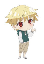 Rule 34 | 1boy, blonde hair, blush, boots, brown pants, chibi, child gilgamesh (fate), closed mouth, commentary request, denim, fate/kaleid liner prisma illya, fate (series), formal, full body, gilgamesh (fate), green jacket, hair between eyes, jacket, jeans, long sleeves, looking at viewer, male focus, multicolored footwear, no nose, pants, red eyes, shirt, shoes, short hair, simple background, solo, standing, straight hair, suit, white background, white shirt