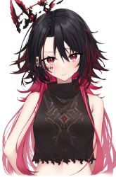 Rule 34 | 1girl, absurdres, bare shoulders, black hair, black shirt, crop top, crown, ear piercing, earrings, floating crown, gradient hair, highres, jewelry, kisaragi ren (vtuber), looking at viewer, multicolored hair, official alternate costume, parted bangs, piercing, red eyes, red hair, shirt, simple background, sleeveless, sleeveless shirt, solo, torn clothes, torn shirt, upper body, virtual youtuber, vspo!, white background, yu sa1126