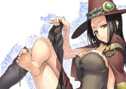 Rule 34 | 1girl, atlus, barefoot, black hair, boots, breasts, brown eyes, cape, cleavage, corset, doctor magus, feet, hat, knee boots, large breasts, legs, crossed legs, etrian odyssey, single shoe, sitting, skirt, soles, solo, tanaka shoutarou, tattoo, thighhighs, thighs, toes, witch, witch hat