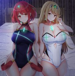 Rule 34 | 2girls, bare shoulders, bed, blonde hair, breasts, cleavage, competition swimsuit, covered navel, gem, headpiece, highres, jewelry, large breasts, long hair, looking at viewer, multiple girls, mythra (radiant beach) (xenoblade), mythra (xenoblade), nintendo, noeomi, one-piece swimsuit, pyra (pro swimmer) (xenoblade), pyra (xenoblade), short hair, smile, strapless, strapless one-piece swimsuit, swept bangs, swimsuit, tiara, xenoblade chronicles (series), xenoblade chronicles 2, yellow eyes