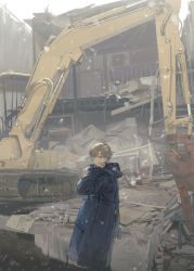 Rule 34 | 1boy, arm at side, blonde hair, blue coat, brick, building, cityscape, clenched hand, closed mouth, coat, construction site, destruction, excavator, floor, green eyes, hand up, highres, hood, hooded coat, house, long sleeves, looking at viewer, looking back, messy hair, orexxxo, original, scenery, short hair, snow, snowflakes, snowing, solo, trench coat