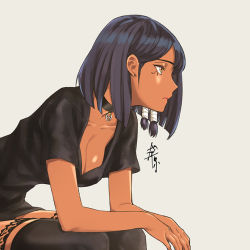 Rule 34 | 1girl, bad id, bad pixiv id, black hair, black thighhighs, bob cut, breasts, casual, choker, cleavage, closed mouth, dark-skinned female, dark skin, downblouse, earrings, eyelashes, facial tattoo, from side, frown, jewelry, leaning forward, overwatch, overwatch 1, pendant, pharah (overwatch), profile, short hair, short sleeves, signature, simple background, sitting, solo, stud earrings, sung-kyung, tattoo, thighhighs