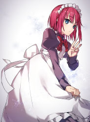 Rule 34 | 1girl, absurdres, apron, blue eyes, bow, bowtie, closed mouth, collared shirt, highres, hisui (tsukihime), long sleeves, looking at viewer, maid, maid headdress, purple shirt, red bow, red bowtie, red hair, shigure (shigure 43), shirt, short hair, solo, tsukihime, white apron, wing collar