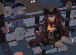 Rule 34 | 2girls, absurdres, asahiv, bridge, bug, butterfly, chinese clothes, closed eyes, flower, genshin impact, ghost, hat, hat flower, highres, hu tao (genshin impact), insect, jiangshi, leaf, long hair, long sleeves, multiple girls, nail polish, night, open mouth, outdoors, purple eyes, purple hair, qiqi (genshin impact), seiza, sitting, sleeves past wrists, socks, symbol-shaped pupils, talisman, top hat, twintails, very long hair, white legwear