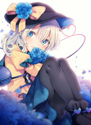 Rule 34 | 1girl, black footwear, black hat, black pantyhose, blue eyes, blue flower, blue rose, blurry, blurry background, blurry foreground, bow, center frills, closed mouth, flower, frills, green bow, green skirt, grey hair, hair between eyes, hat, hat bow, hat flower, heart, heart of string, highres, knees up, koishi day, komeiji koishi, looking at viewer, medium hair, pantyhose, rose, shirt, simple background, skirt, smile, solo, standing, tama (soon32281), third eye, touhou, white background, yellow bow, yellow shirt