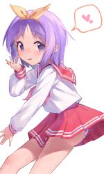 Rule 34 | 1girl, :3, absurdres, closed mouth, double horizontal stripe, eyes visible through hair, hairband, hand up, heart, highres, hiiragi tsukasa, jiyasu, long sleeves, lucky star, miniskirt, neckerchief, panties, pantyshot, parted bangs, pink neckerchief, pleated skirt, purple eyes, purple hair, red sailor collar, red skirt, ryouou school uniform, sailor collar, school uniform, serafuku, shirt, short hair, simple background, skirt, smile, solo, spoken heart, striped clothes, striped panties, tongue, tongue out, underwear, white background, white shirt, yellow hairband