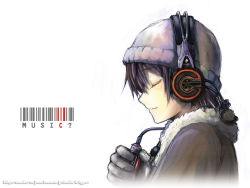 Rule 34 | barcode, beanie, cable, closed eyes, english text, gloves, gou (double trigger), grey hat, hat, headphones, highres, listening to music, original, short hair, simple background, solo, wallpaper, watermark, web address, white background