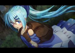 Rule 34 | 1girl, blue eyes, blue hair, blush, bow, flower knight girl, letterboxed, long hair, looking at viewer, mizunashi (second run), nerine (flower knight girl), ponytail, solo, translation request
