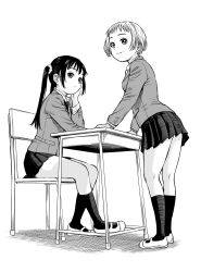 Rule 34 | 2girls, chair, closed mouth, collared shirt, commentary request, desk, from side, full body, greyscale, hair ornament, hair scrunchie, hand on own cheek, hand on own face, highres, jacket, kneehighs, legs, long hair, looking at viewer, looking to the side, mary janes, miniskirt, monochrome, multiple girls, murata range (style), necktie, on chair, original, pleated skirt, pocket, revision, school chair, school desk, school uniform, scrunchie, shirt, shoes, short hair, simple background, sitting, skirt, smile, socks, standing, twintails, uwabaki, wadachitokakeru