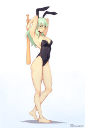 Rule 34 | 1girl, animal ears, armpits, arms up, artist name, barefoot, baseball bat, blush, byleth (female) (fire emblem), byleth (fire emblem), feet, fire emblem, fire emblem: three houses, green eyes, green hair, highres, intelligent systems, leotard, matching hair/eyes, nintendo, no shoes, phrecklesart, playboy bunny, simple background, toes, white background