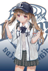 Rule 34 | 1girl, baseball cap, black bow, black bowtie, black skirt, bow, bowtie, brown hair, buttons, collared shirt, commentary request, cowboy shot, hands up, hat, holding, holding hair, jacket, long hair, looking at viewer, miniskirt, open clothes, open jacket, original, parted lips, plaid, plaid skirt, pleated skirt, ran&#039;ou (tamago no kimi), red eyes, shirt, sidelocks, skirt, solo, standing, striped bow, striped bowtie, striped clothes, striped neckwear, thighs, twintails, white jacket, white shirt