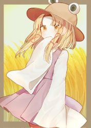 Rule 34 | 1girl, blonde hair, blush, border, brown border, brown hat, commentary, covered mouth, feet out of frame, hand to own mouth, hat, highres, long hair, long sleeves, moriya suwako, parted bangs, purple skirt, purple vest, sidelocks, skirt, solo, symbol-only commentary, touhou, turtleneck, vest, wheat field, wide sleeves, yellow eyes, yuejinlin