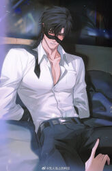 Rule 34 | 1boy, arms behind back, bdsm, black hair, black necktie, black pants, blindfold, blindfold slip, blush, bondage, bound, breast pocket, collarbone, collared shirt, disembodied hand, highres, indoors, lips, long sleeves, looking at viewer, love and deepspace, male focus, necktie, pants, parted lips, plant, pocket, shirt, short hair, sitting, solo, white shirt, wuren daoshang dekezong, zayne (love and deepspace)