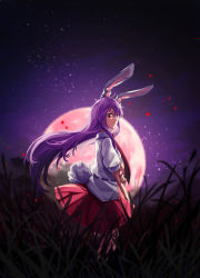 Rule 34 | 1girl, animal ears, floating hair, from side, full moon, furahata gen, hair between eyes, highres, long hair, looking at viewer, moon, night, outdoors, petals, pleated skirt, purple hair, rabbit ears, rabbit girl, rabbit tail, red eyes, red skirt, reisen udongein inaba, shirt, skirt, sky, solo, standing, star (sky), starry sky, tail, touhou, very long hair, white shirt
