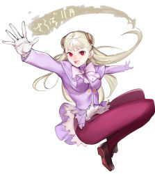 Rule 34 | 1girl, :d, blonde hair, bow, bowtie, brown footwear, bun cover, commentary request, copyright request, double bun, gloves, hair bun, highres, jacket, jumping, long hair, long sleeves, looking at viewer, open mouth, outstretched arms, pantyhose, pink bow, pink bowtie, purple jacket, red bow, red bowtie, red eyes, shoes, simple background, smile, solo, spread arms, tetsu (kimuchi), white background, white gloves