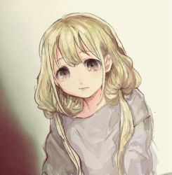 Rule 34 | 1girl, :/, blonde hair, brown eyes, comeco, futaba anzu, grey sweater, highres, idolmaster, idolmaster cinderella girls, long hair, looking at viewer, low twintails, simple background, solo, sweater, twintails, upper body