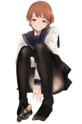 Rule 34 | 1girl, absurdres, akito (d30n26), arms between legs, black pantyhose, blue sailor collar, blue skirt, blush, brown eyes, brown hair, commentary request, feet, full body, grin, highres, long sleeves, looking at viewer, neckerchief, open mouth, original, panties, panties under pantyhose, pantyhose, parted lips, pleated skirt, red neckerchief, sailor collar, shirt, short hair, simple background, sitting, skirt, smile, solo, toenails, toes, underwear, white background, white panties, white shirt