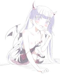 Rule 34 | 1girl, bare shoulders, blunt bangs, blush, breasts, cleavage, demon girl, demon wings, dress, finger to face, footwear bow, foreshortening, horns, new game!, open mouth, simple background, sincos, sitting, solo, strap slip, suzukaze aoba, thighhighs, twintails, v, white background, wings