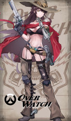 Rule 34 | 1girl, absurdres, alternate hair length, alternate hairstyle, ammunition, bandolier, bare shoulders, belt, between fingers, black bra, black gloves, black panties, boots, bra, breasts, brown eyes, brown hair, cape, captain chengsi, cassidy (overwatch), chaps, cigar, cleavage, collarbone, contrapposto, cowboy hat, detached sleeves, eyebrows, garter straps, genderswap, genderswap (mtf), gloves, gun, handgun, hands up, hat, highres, holding, holster, jewelry, knee pads, large breasts, lips, long hair, looking at viewer, mechanical hands, midriff, navel, necklace, overwatch, overwatch 1, panties, pink lips, pistol, poncho, red cape, revolver, sheath, sheathed, single glove, single mechanical hand, single sleeve, smoke, solo, spurs, standing, stomach, thigh boots, thigh holster, thighhighs, torn cape, torn clothes, underwear, very long hair, weapon