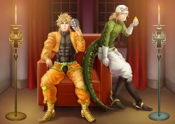 Rule 34 | 2boys, blonde hair, blue eyes, boots, couch, diego brando, dio brando, gloves, green shirt, hat, highres, jacket, jojo no kimyou na bouken, multiple boys, red eyes, scary monsters (stand), shion125s, shirt, short hair, stand (jojo), steel ball run, stone mask (jojo), sweater, tail, turtleneck, yellow jacket