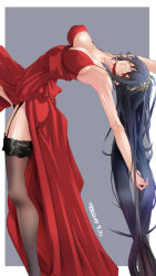 Rule 34 | 1girl, ahoge, alternate costume, armpits, arms up, azitama atsushi (attyuu), azur lane, bare shoulders, black hair, black legwear, black panties, blush, breasts, choker, cleavage, closed mouth, cocktail dress, collarbone, covered erect nipples, dated, dress, garter straps, gold, hair between eyes, hair ornament, highres, lace, lace-trimmed legwear, lace trim, large breasts, leaning back, leg up, long hair, long legs, looking at viewer, outside border, panties, red choker, red dress, red eyes, sidelocks, signature, simple background, smile, solo, standing, standing on one leg, taihou (azur lane), taihou (forbidden feast) (azur lane), underwear, very long hair