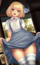 Rule 34 | 1girl, alice margatroid, alice margatroid (pc-98), blonde hair, blouse, blue eyes, blue hairband, blue ribbon, blue skirt, blue thighhighs, breasts, center frills, clothes lift, collared shirt, commentary request, frills, hair ribbon, hairband, happy, head tilt, highres, neck ribbon, puffy short sleeves, puffy sleeves, red ribbon, ribbon, shirt, short sleeves, shounen (hogehoge), skirt, skirt lift, small breasts, solo, striped clothes, striped thighhighs, suspender skirt, suspenders, thigh gap, thighhighs, thighs, touhou, white shirt, white thighhighs