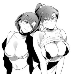 Rule 34 | 2girls, bishoujo senshi sailor moon, blush, bra, breasts, choker, cleavage, closed mouth, clothes lift, collarbone, earrings, greyscale, hair bobbles, hair ornament, high ponytail, jewelry, kino makoto, large breasts, lingerie, long hair, looking at another, lowres, medium breasts, mizuno ami, monochrome, moopiekun, multiple girls, navel, off shoulder, open clothes, open shirt, panties, ponytail, short hair, simple background, smile, sweater, sweater lift, underwear, white background, yuri