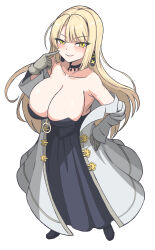 Rule 34 | 1girl, armpits, black choker, black dress, black footwear, blonde hair, blush, breasts, choker, cleavage, coat, coat partially removed, dress, erinnyes, full body, gloves, grey background, grey gloves, hair tie, hand on own hip, highres, large breasts, lipstick, long hair, looking at viewer, lorraine vivie, makeup, nozomanu fushi no boukensha, pointing, pointing at self, simple background, smile, solo, strapless, white coat, yellow eyes