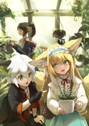 Rule 34 | 3girls, :d, absurdres, animal ear fluff, animal ears, arknights, bare shoulders, black gloves, black hair, black jacket, blonde hair, blue hairband, blue jacket, blue sky, camisole, closed mouth, e-bushi, fingerless gloves, flower, flower pot, fox ears, fox girl, fox tail, frilled hairband, frills, gloves, green eyes, greenhouse, grey hair, hair between eyes, hairband, highres, holding, holding flower pot, indoors, jacket, kitsune, lily of the valley, long hair, long sleeves, luo xiaohei, luo xiaohei zhanji, multiple girls, neck ribbon, open clothes, open jacket, open mouth, perfumer (arknights), pointing, pointy ears, ponytail, profile, puffy long sleeves, puffy sleeves, red flower, red ribbon, ribbon, shirt, single glove, sky, smile, suzuran (arknights), suzuran (spring praise) (arknights), tail, very long hair, watering can, white camisole, white flower, white jacket, white shirt, window