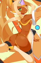 Rule 34 | 1girl, alternate color, arc system works, ass, bare shoulders, blazblue, blonde hair, breasts, dark-skinned female, dark skin, detached sleeves, female focus, from behind, green eyes, hades izanami, headgear, highres, jellcaps, kicking, long hair, looking at viewer, open mouth, ponytail, sideboob, small breasts, solo, thighhighs, thong, very long hair